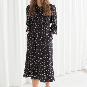 & OTHER STORIES FLORAL PRINTED RUFFLE BIB MIDI DRESS
